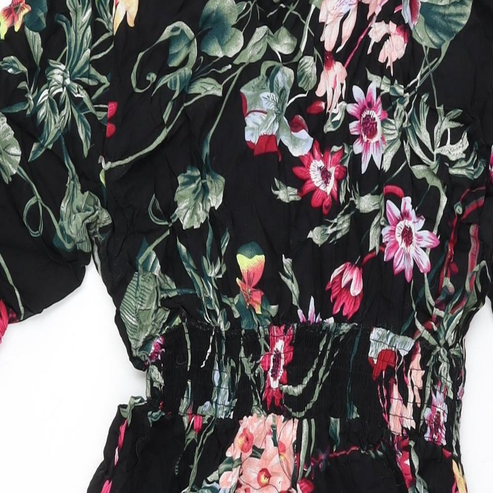 New Feeling Womens Black Floral Viscose A-Line Size XL V-Neck Button