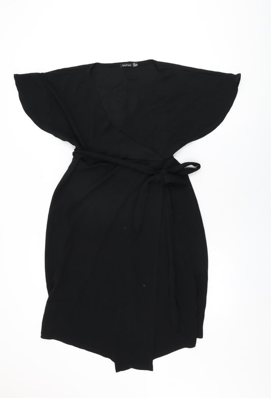 Boohoo Womens Black Polyester Wrap Dress Size 8 V-Neck Tie