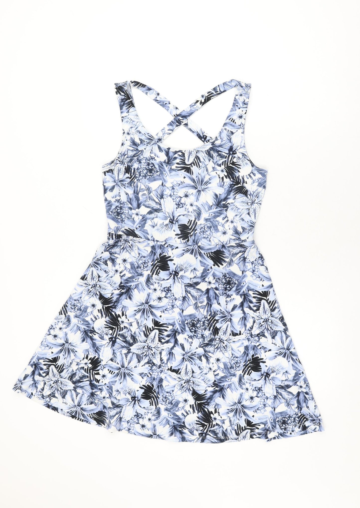 H&M Womens Blue Floral Polyester Skater Dress Size S Round Neck Pullover