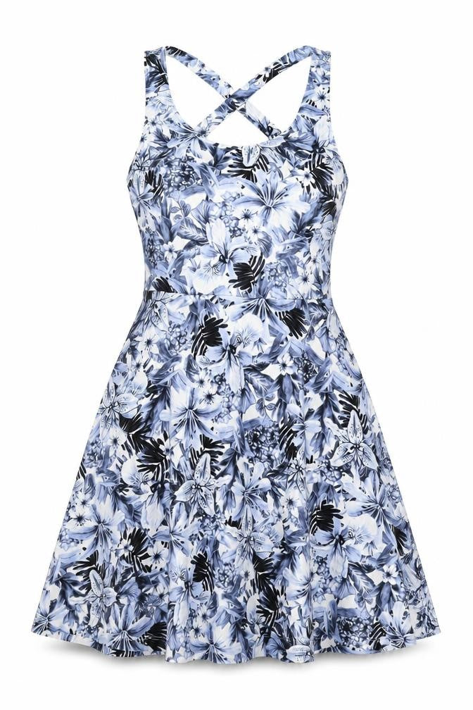H&M Womens Blue Floral Polyester Skater Dress Size S Round Neck Pullover