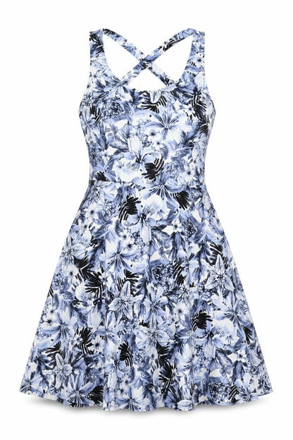 H&M Womens Blue Floral Polyester Skater Dress Size S Round Neck Pullover