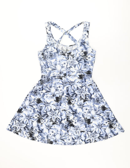 H&M Womens Blue Floral Polyester Skater Dress Size S Round Neck Pullover