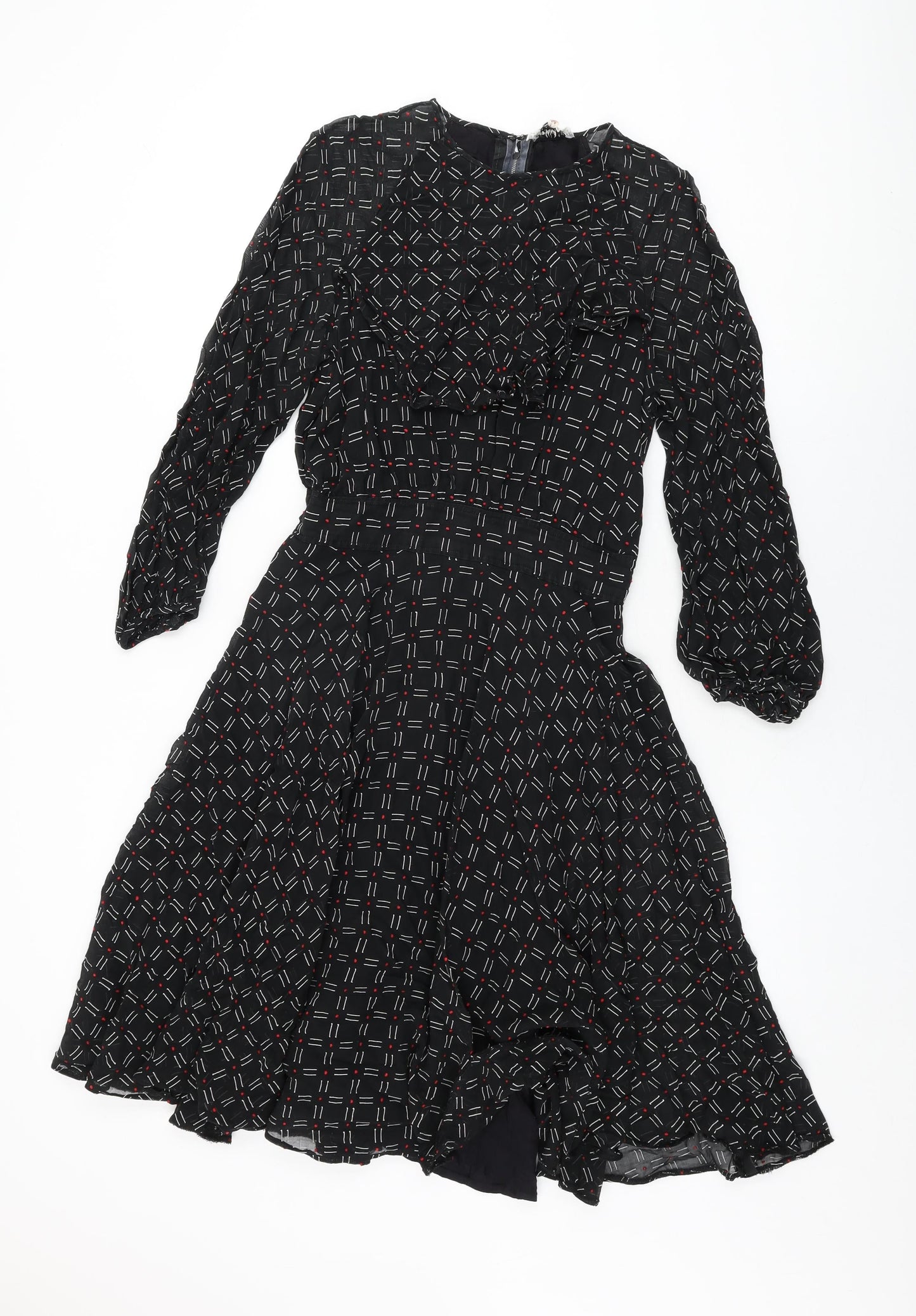 Graham Price Womens Black Geometric Polyester A-Line Size 14 Round Neck Zip - Frill Detail