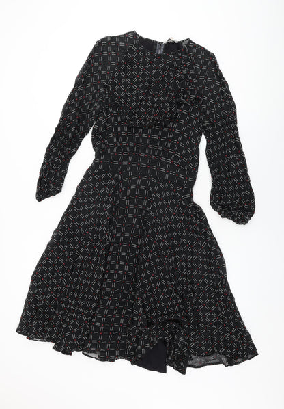 Graham Price Womens Black Geometric Polyester A-Line Size 14 Round Neck Zip - Frill Detail