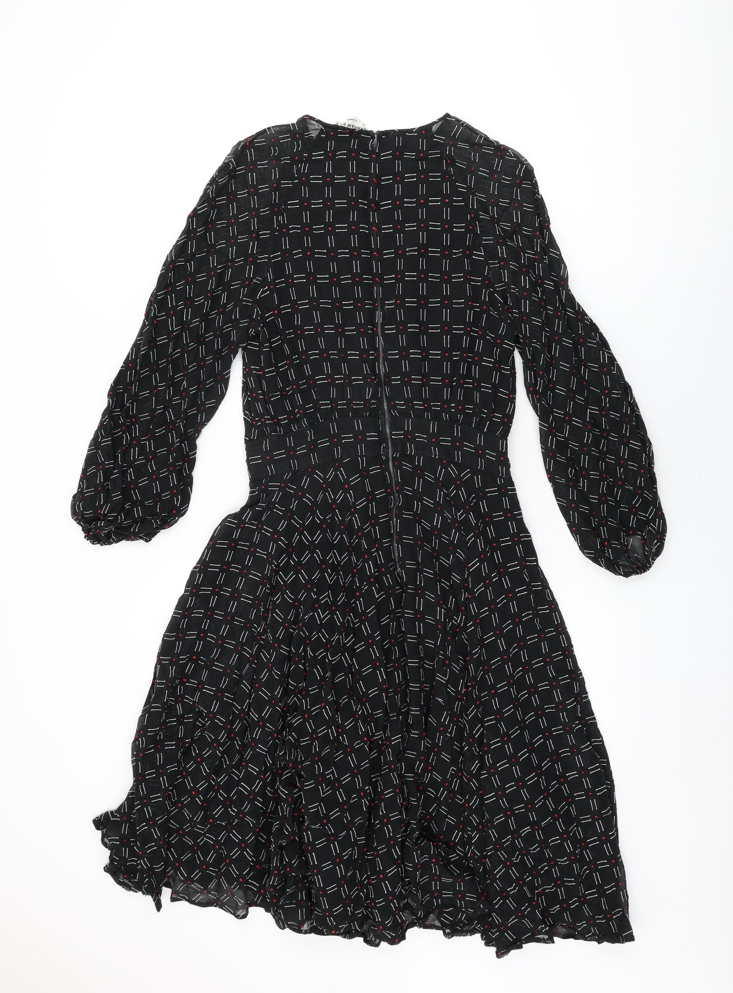 Graham Price Womens Black Geometric Polyester A-Line Size 14 Round Neck Zip - Frill Detail