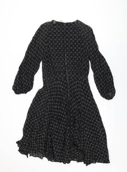 Graham Price Womens Black Geometric Polyester A-Line Size 14 Round Neck Zip - Frill Detail