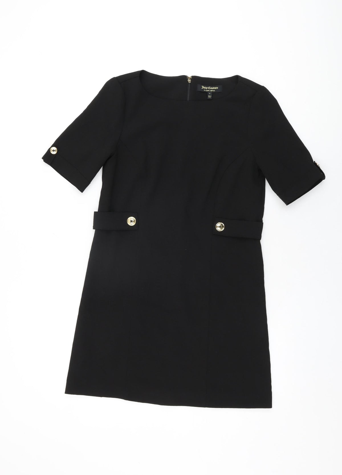 Additional front view of Juicy Couture women’s black polyester shift, size UK 6, round neck zip