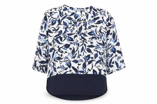 Front view of Soon women’s white floral polyester basic blouse, size UK 14, v-neck
