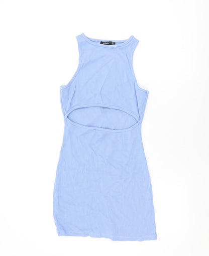 Boohoo Womens Blue Cotton Bodycon Size 8 Round Neck Pullover - Cut Out Detail