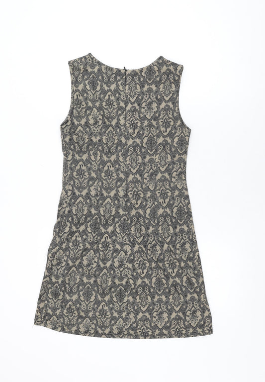 Izabel London Womens Brown Geometric Polyester Shift Size 8 Round Neck Zip