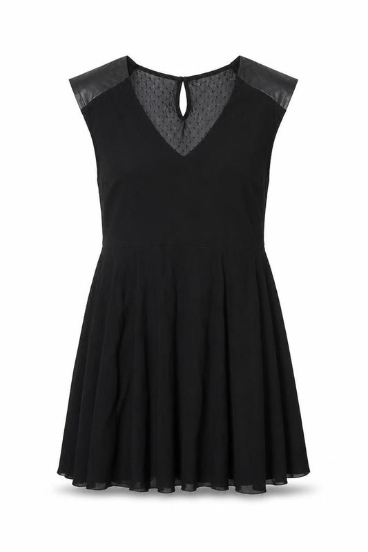 Front view of mamas & papas women’s black nylon skater dress, size UK 10, v-neck pullover