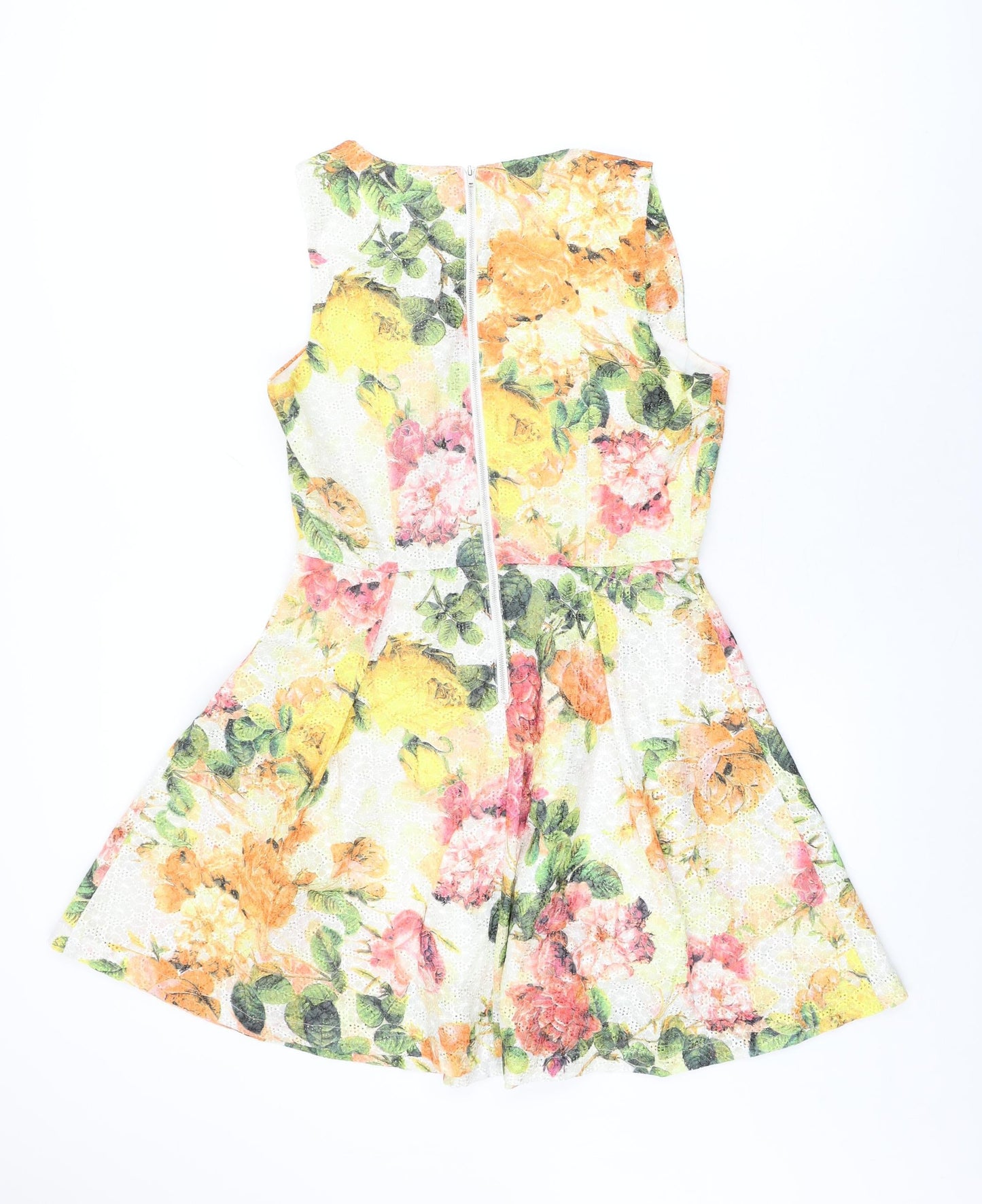 Louche Womens White Floral Cotton Skater Dress Size 12 Sweetheart Zip