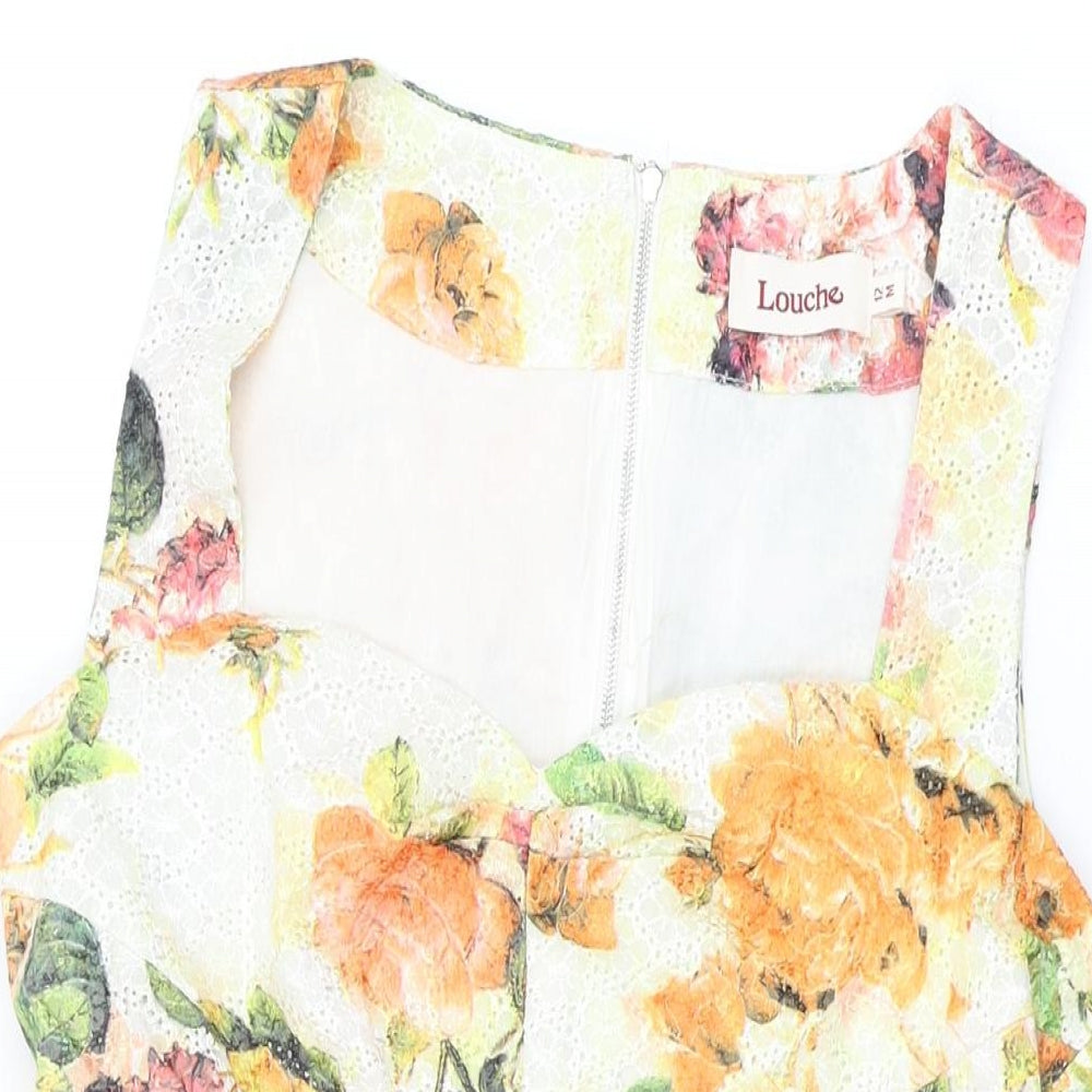 Louche Womens White Floral Cotton Skater Dress Size 12 Sweetheart Zip