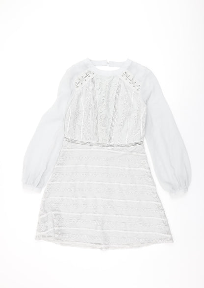 Topshop Womens Grey Floral Polyester Skater Dress Size 10 Round Neck Zip