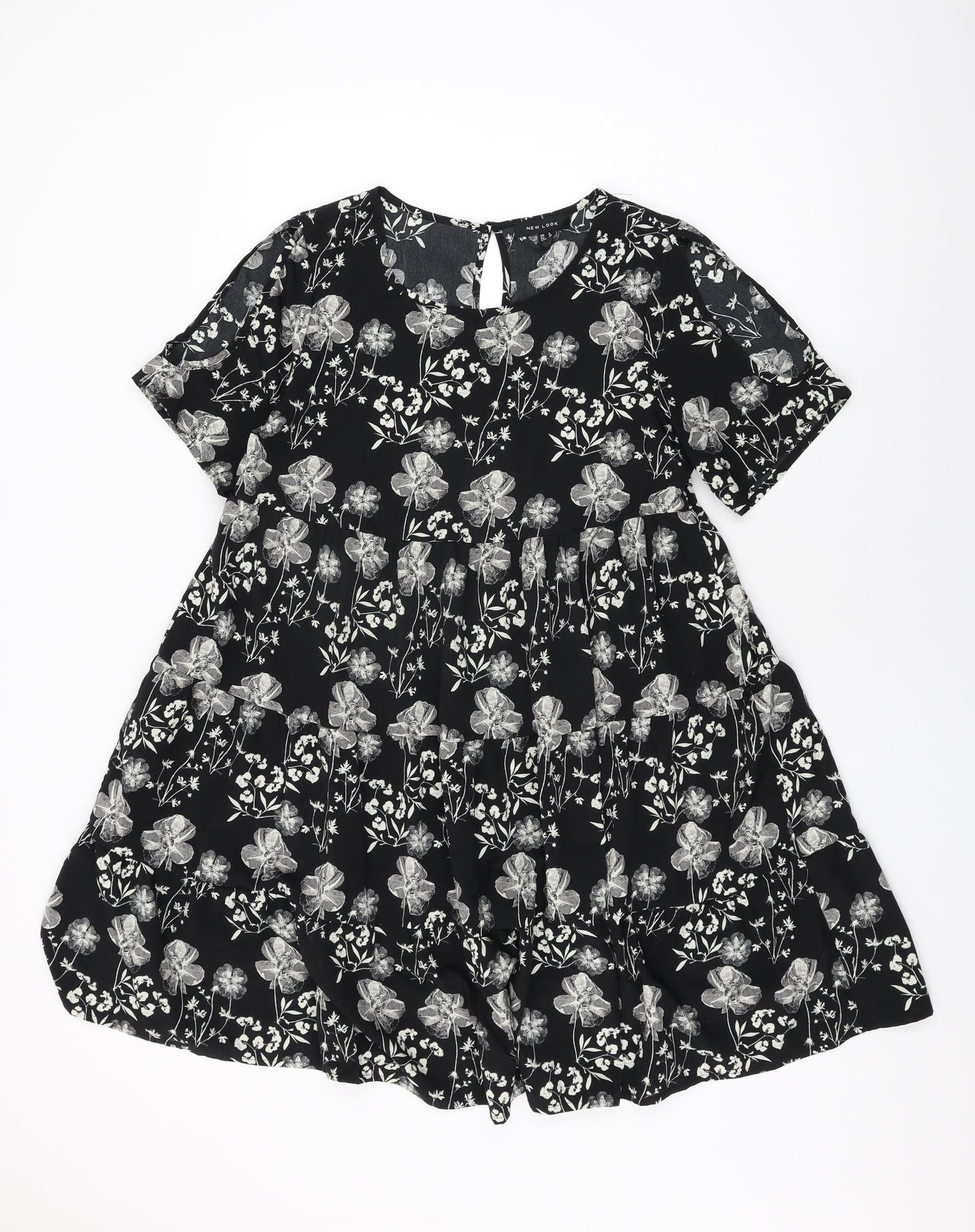 New Look Womens Black Floral Polyester Shift Size 8 Round Neck Button
