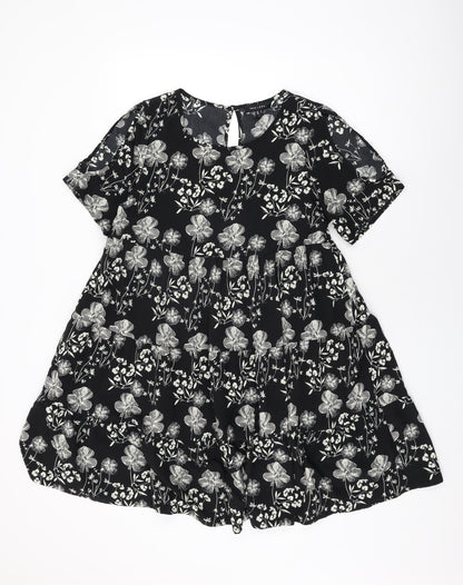 New Look Womens Black Floral Polyester Shift Size 8 Round Neck Button