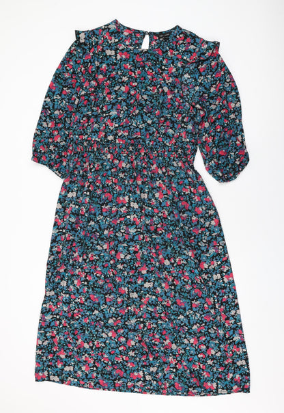 New Look Womens Black Floral Polyester A-Line Size 14 Round Neck Button