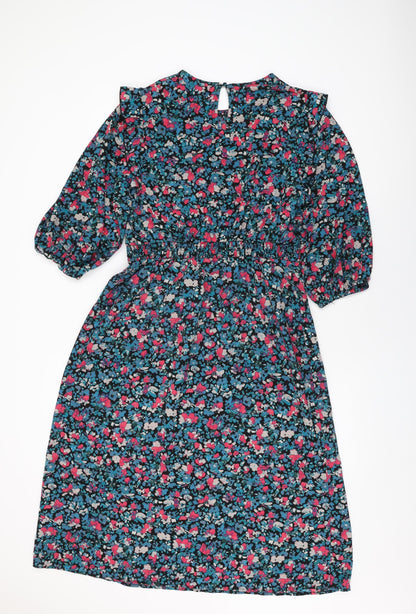 New Look Womens Black Floral Polyester A-Line Size 14 Round Neck Button