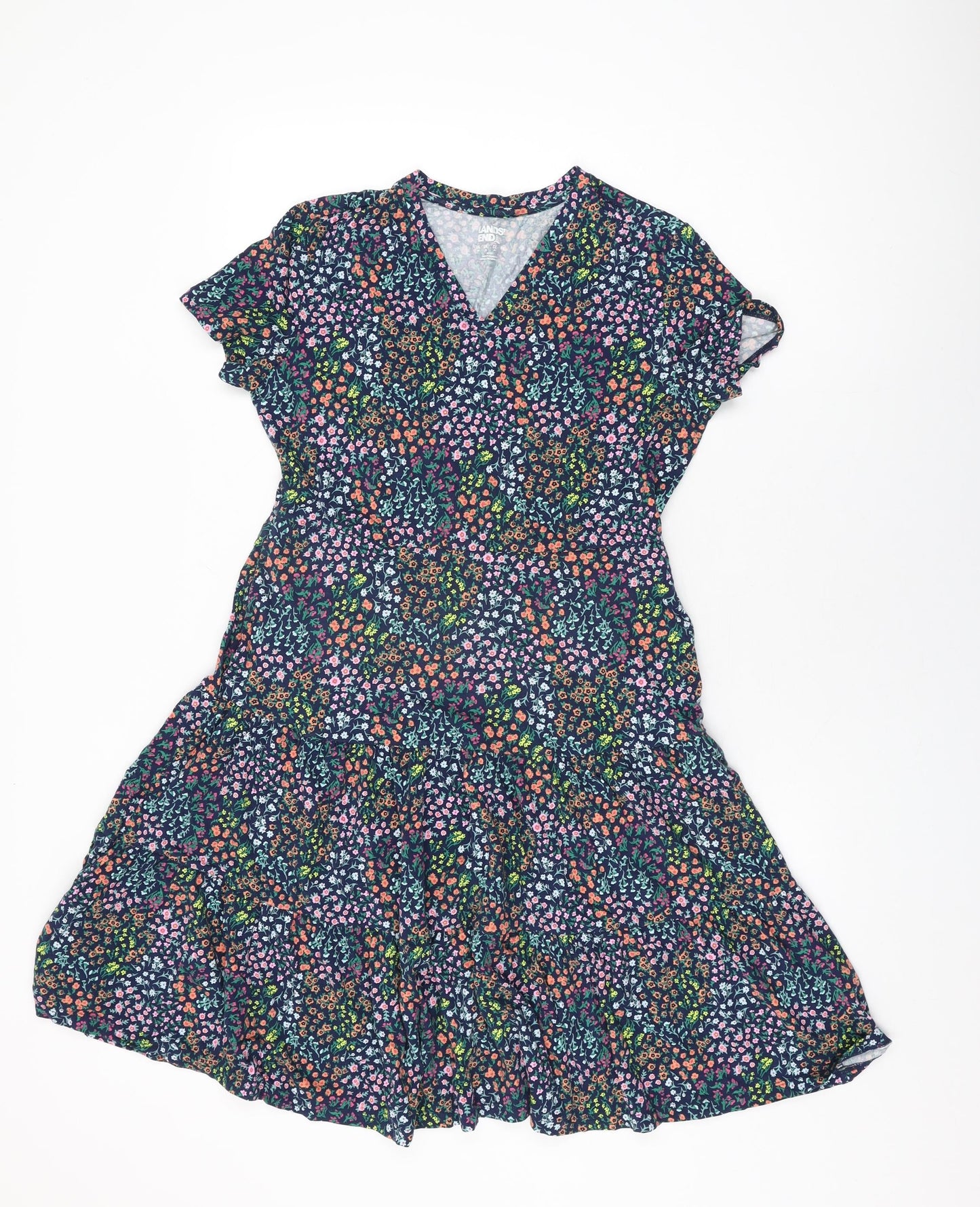 Lands' End Womens Blue Floral Cotton Shift Size XS V-Neck Pullover