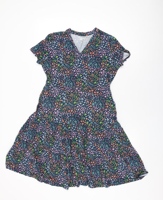 Lands' End Womens Blue Floral Cotton Shift Size XS V-Neck Pullover