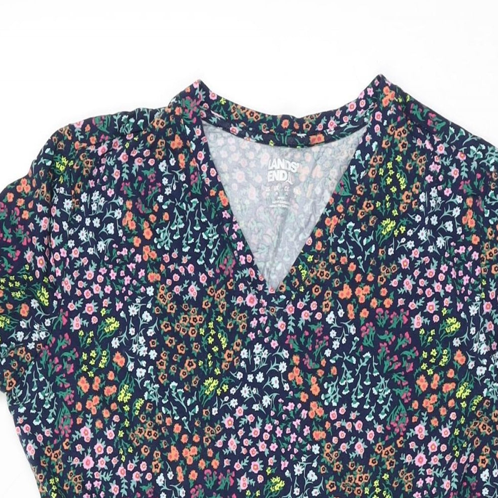 Lands' End Womens Blue Floral Cotton Shift Size XS V-Neck Pullover