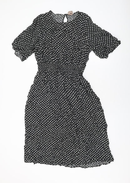 H&M Womens Black Geometric Viscose A-Line Size L Round Neck Button