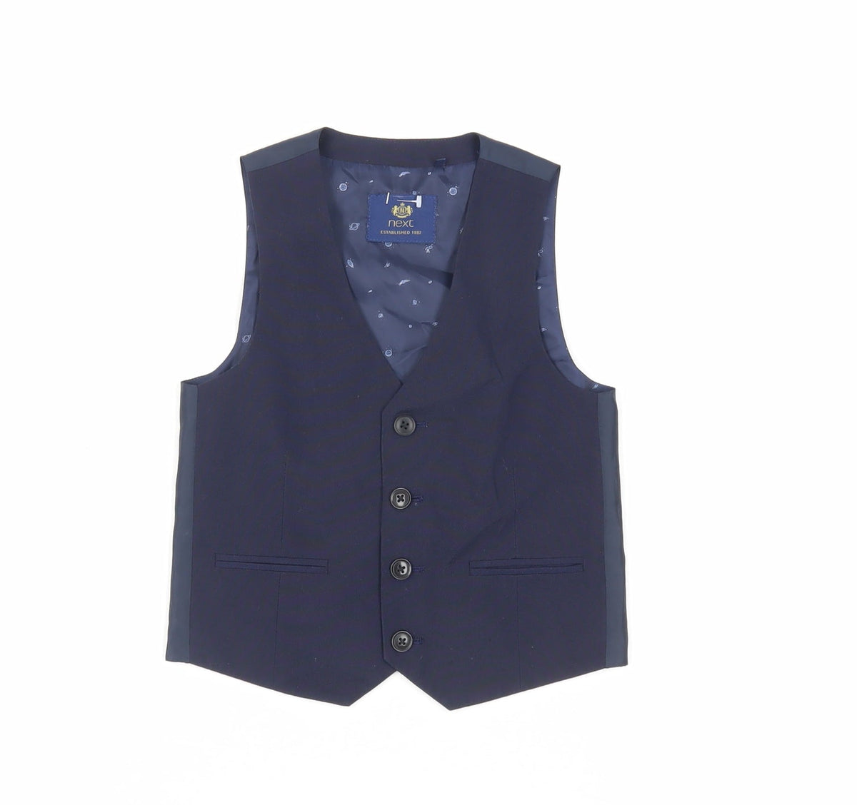 Additional front view of Next boys’ blue jacket waistcoat, size 5, years button