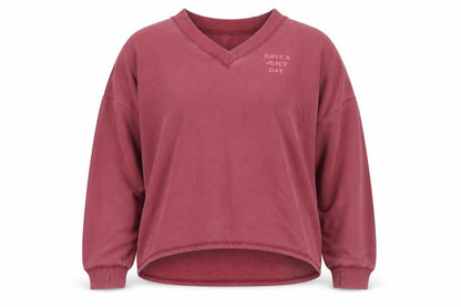 Front view of Juicy Couture women’s pink cotton pullover sweatshirt, size M, pullover