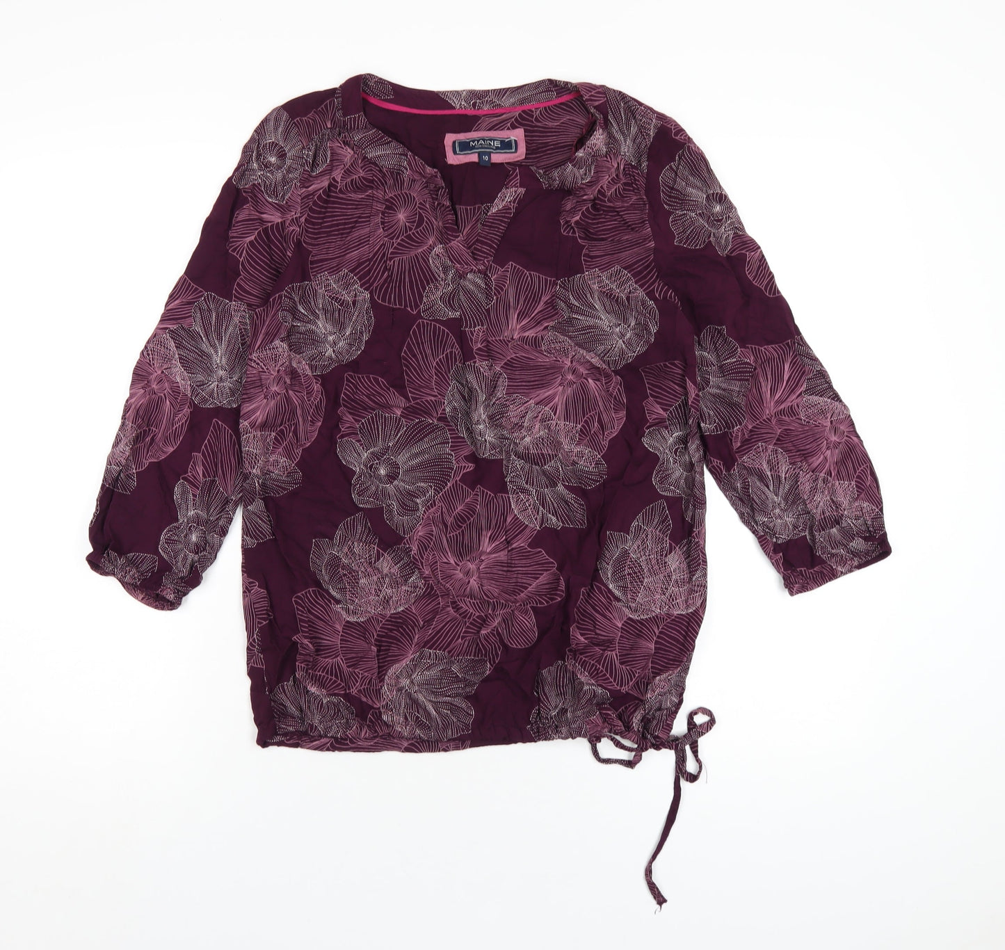 Maine Womens Purple Geometric Viscose Basic T-Shirt Size 10 V-Neck