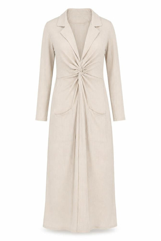 Front view of ASOS women’s beige polyester maxi, size UK 8, collared pullover