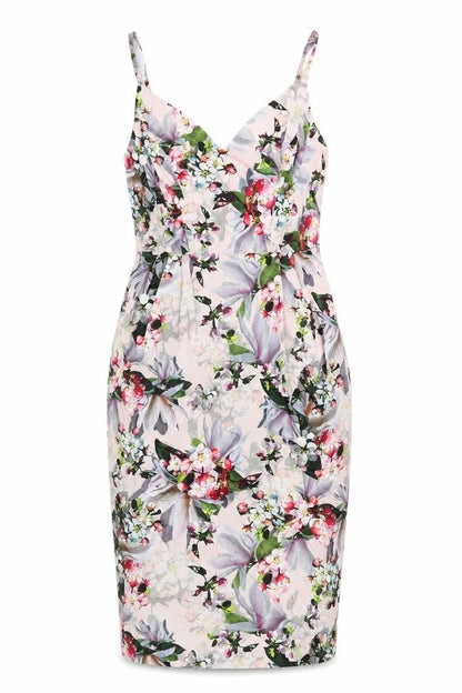 Front view of ASOS women’s multicoloured geometric cotton pencil dress, size UK 10, v-neck zip