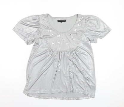 Betty Jackson Womens Silver Polyester Basic T-Shirt Size 12 Scoop Neck