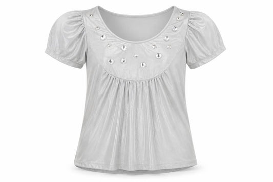 Front view of Betty Jackson women’s silver polyester basic t-shirt, size UK 12, scoop neck