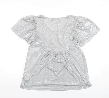 Betty Jackson Womens Silver Polyester Basic T-Shirt Size 12 Scoop Neck