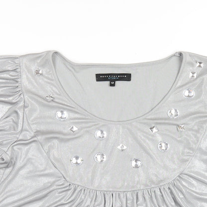 Betty Jackson Womens Silver Polyester Basic T-Shirt Size 12 Scoop Neck