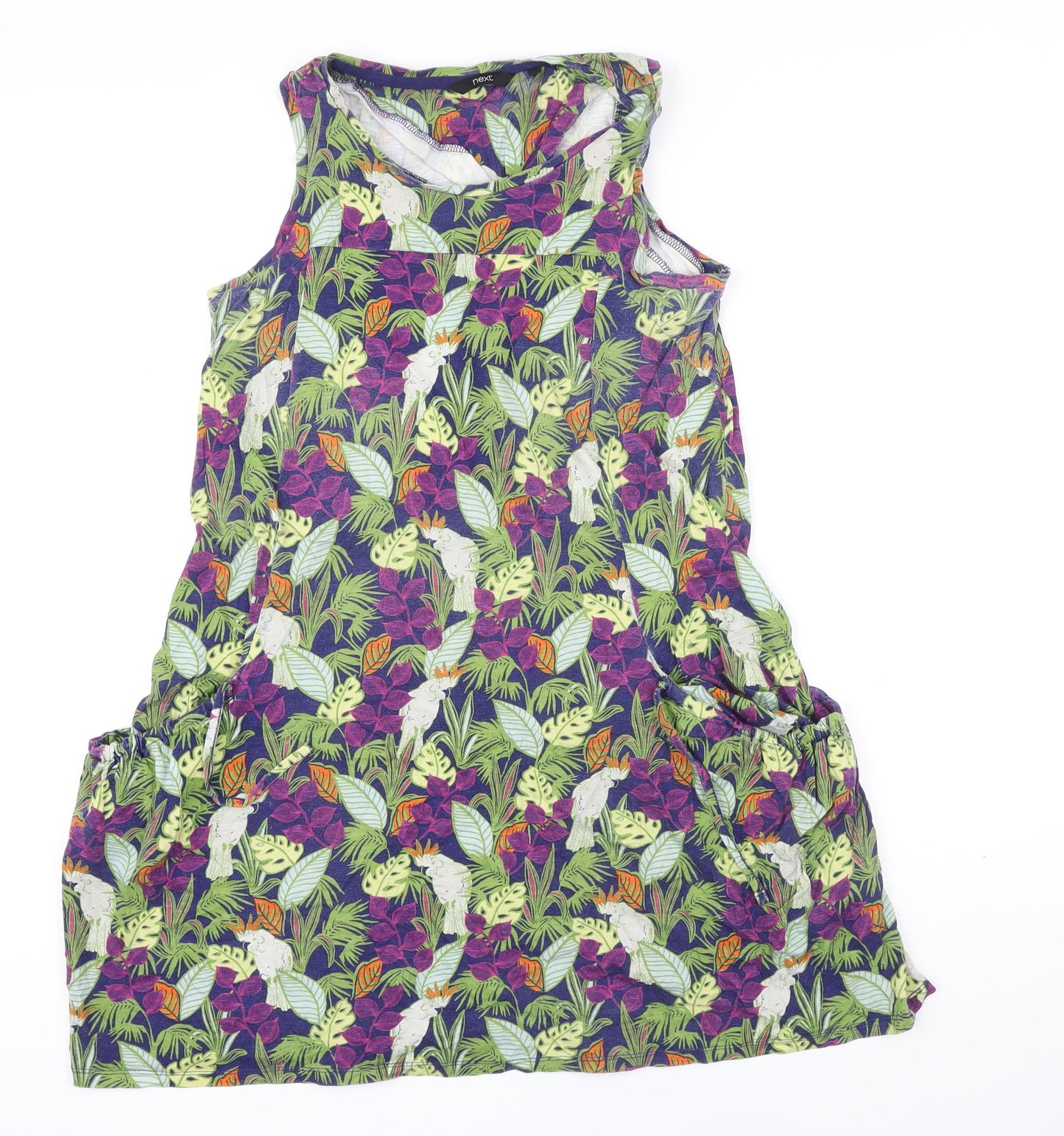 NEXT Womens Multicoloured Floral 100% Cotton Pinafore/Dungaree Dress Size 10 Boat Neck - Pockets