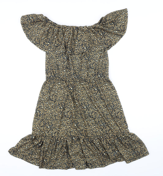 ASOS Womens Brown Animal Print Polyester A-Line Size 8 Off the Shoulder