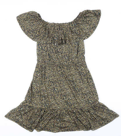 ASOS Womens Brown Animal Print Polyester A-Line Size 8 Off the Shoulder