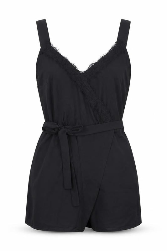 Front view of Miss Selfridge women’s black polyamide playsuit one-piece, size UK 10, zip