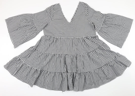 Boohoo Womens Black Gingham Polyester A-Line Size 12 V-Neck
