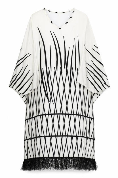 Moosta Womens Ivory Geometric Polyester Kaftan One Size V-Neck
