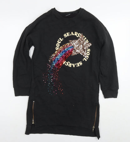 NEXT Girls Black Cotton Tunic Sweatshirt Size 11 Years Pullover - Sequin Detail Soul Surching