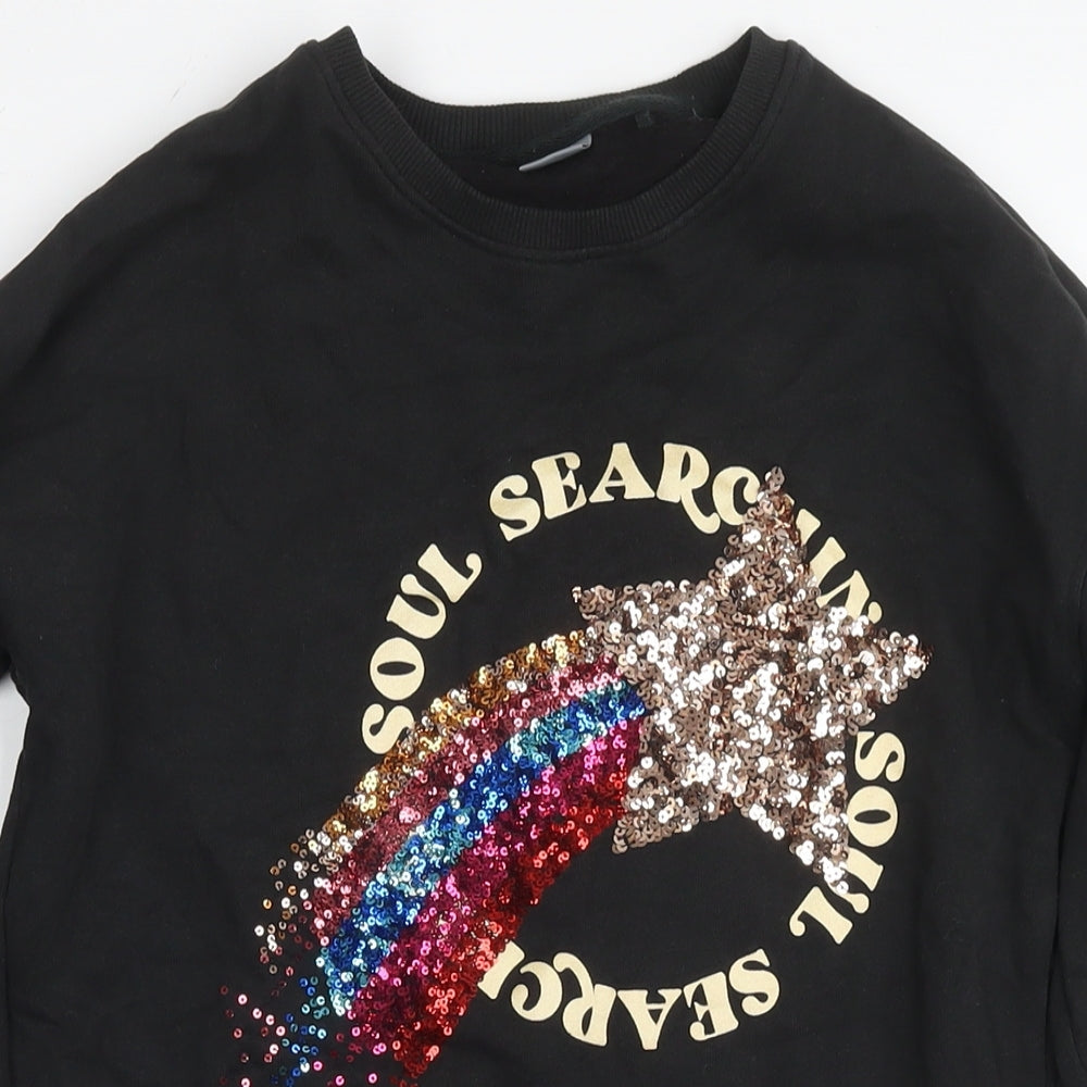 NEXT Girls Black Cotton Tunic Sweatshirt Size 11 Years Pullover - Sequin Detail Soul Surching