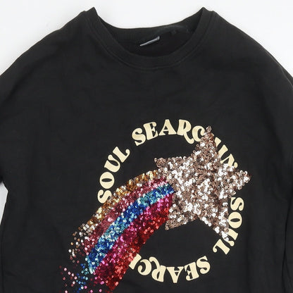 NEXT Girls Black Cotton Tunic Sweatshirt Size 11 Years Pullover - Sequin Detail Soul Surching