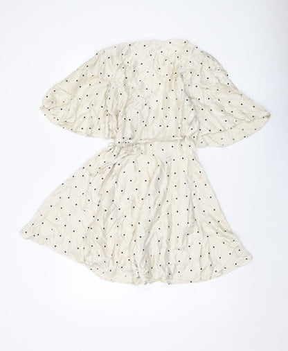 H&M Womens Beige Polka Dot Viscose Wrap Dress Size 8 V-Neck Tie