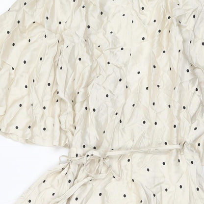 H&M Womens Beige Polka Dot Viscose Wrap Dress Size 8 V-Neck Tie
