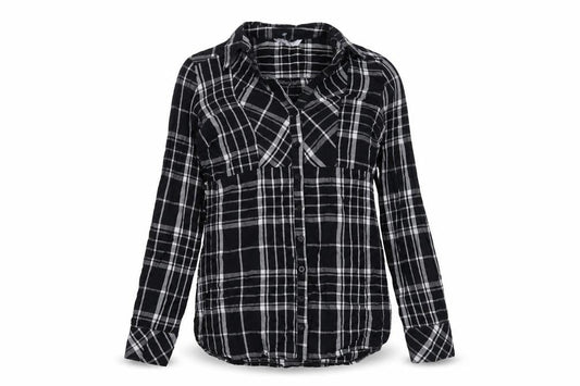 Front view of Red Herring women’s black plaid cotton basic button-up, size UK 12, collared