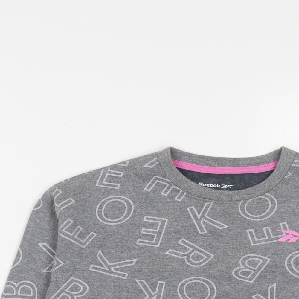 Reebok Girls Grey Geometric Cotton Pullover Sweatshirt Size 10-11 Years Pullover - Logo