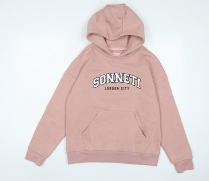 SONNE Girls Pink Cotton Pullover Hoodie Size 13-14 Years Pullover - Logo, Embroidered