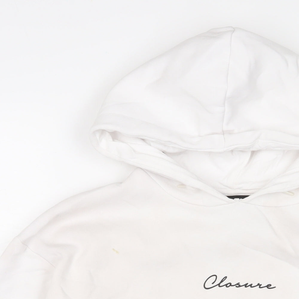 Close-up detail of Closure women’s white cotton pullover hoodie, size UK 10, pullover - logo